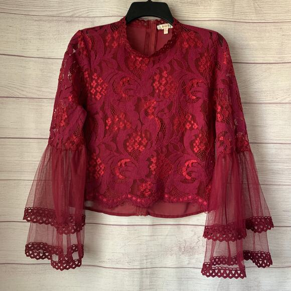 Peach Maroon Lace Blouse with Long Sleeve Sheer Bell Cuffs Crop Top Size XL - Picture 1 of 16